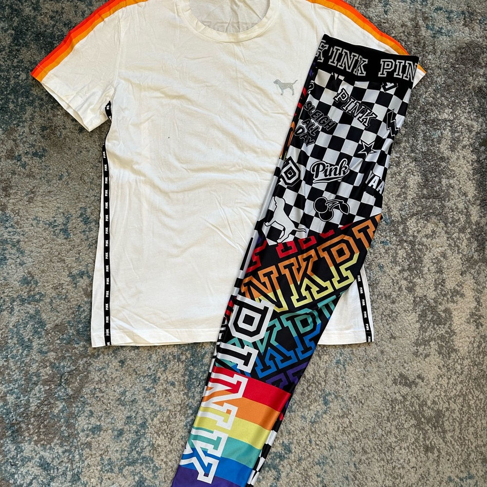 Victoria's Secret PINK Rainbow Leggings and White Tee Set